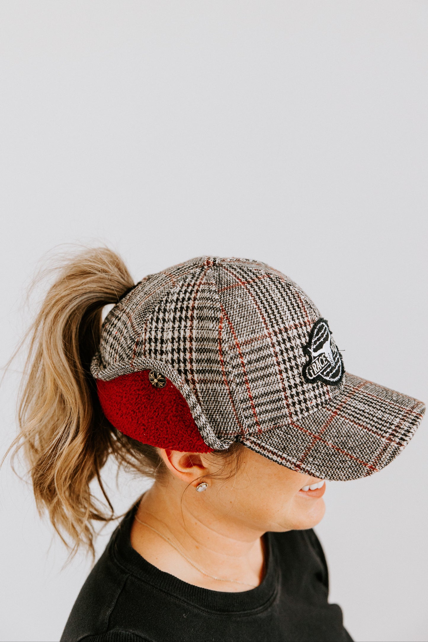 Scarlet Plaid Trapper Hat with Pony-Tail Opening - PRE-ORDER