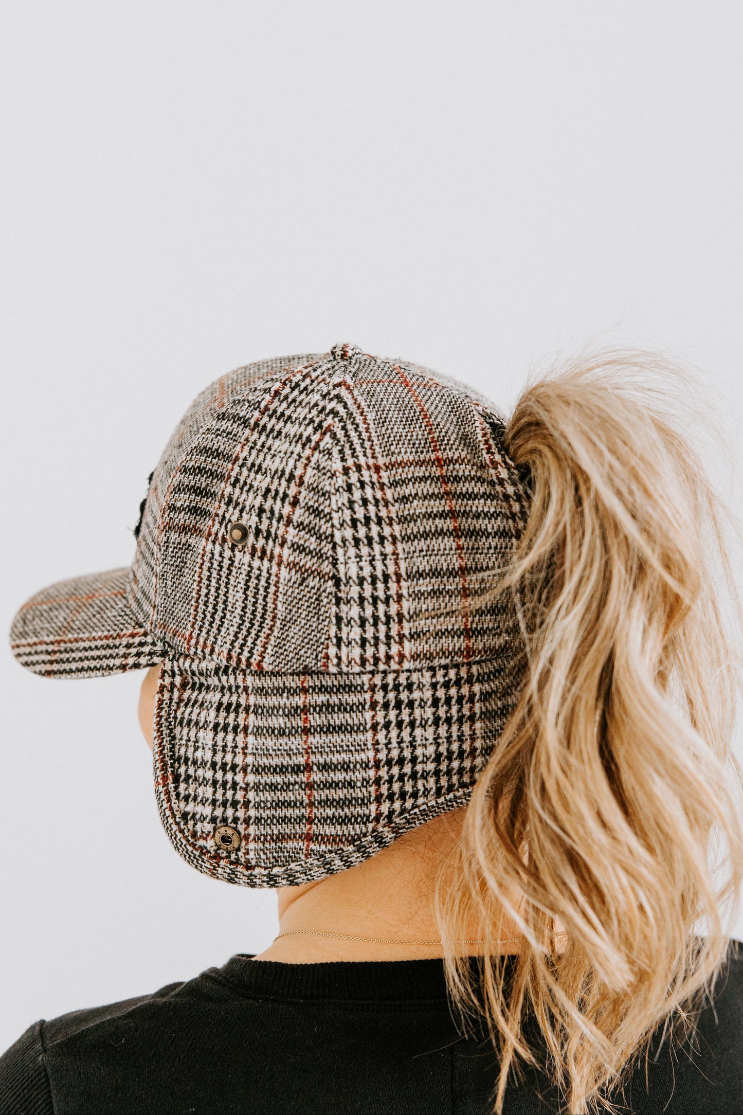 Scarlet Plaid Trapper Hat with Pony-Tail Opening - PRE-ORDER